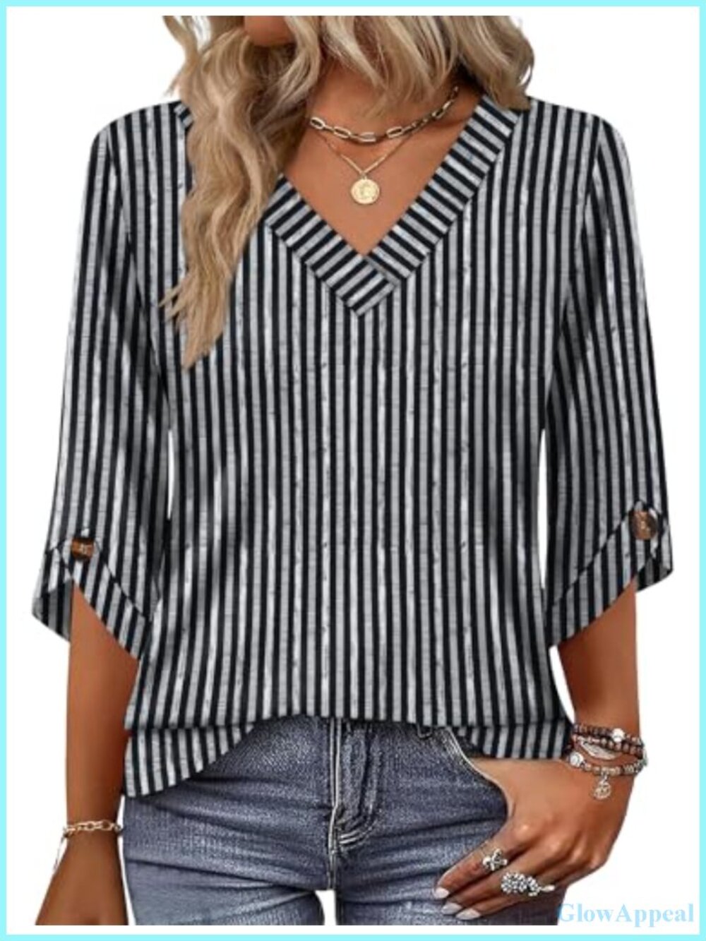 3/4 Sleeve V Neck Blouse Loose Fit Bell Sleeve Womens Dressy Casual Top
